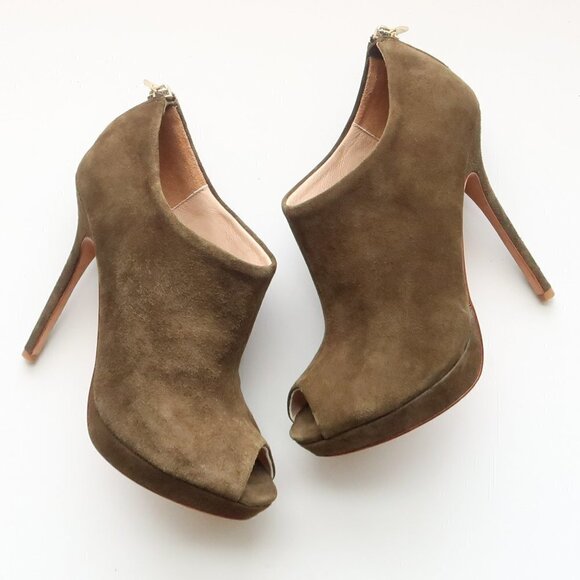 Pour La Victoire Moss Green Suede Leather Peep Toe Stiletto Heel Bootie Shoes 6 - Picture 3 of 15